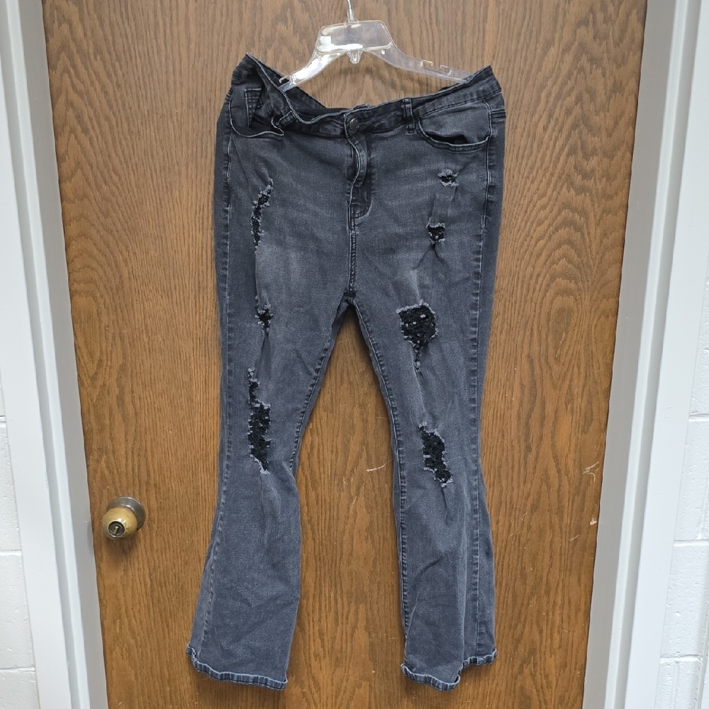 SHEIN Curve 2XL high waisted charcoal Gray Distressed Flare Jeans